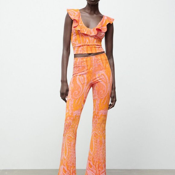 Zara Tops - Zara Jacquard Orange Paisley Ruffled Top Size Small